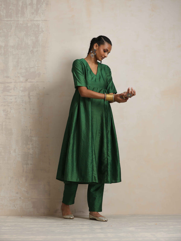 trueBrowns Dark Green Silk Anarkali Flared Kurta Set