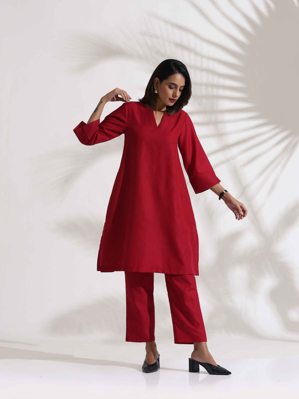 trueBrowns Maroon Slub Kurta Co-ord Set