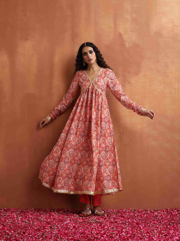 trueBrowns Beige Print Flared Anarkali Kurta Set