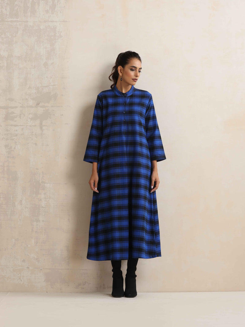 trueBrowns Blue Check Flared Winter Dress