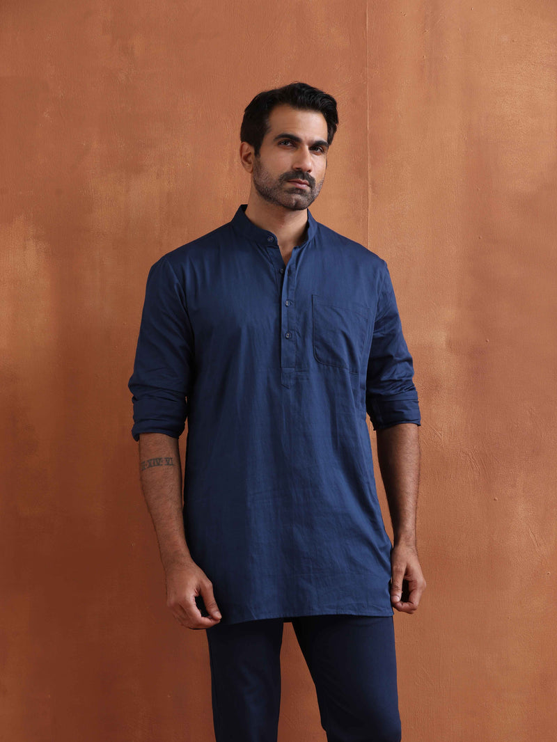 trueBrowns Men's Blue Cotton Short Kurta