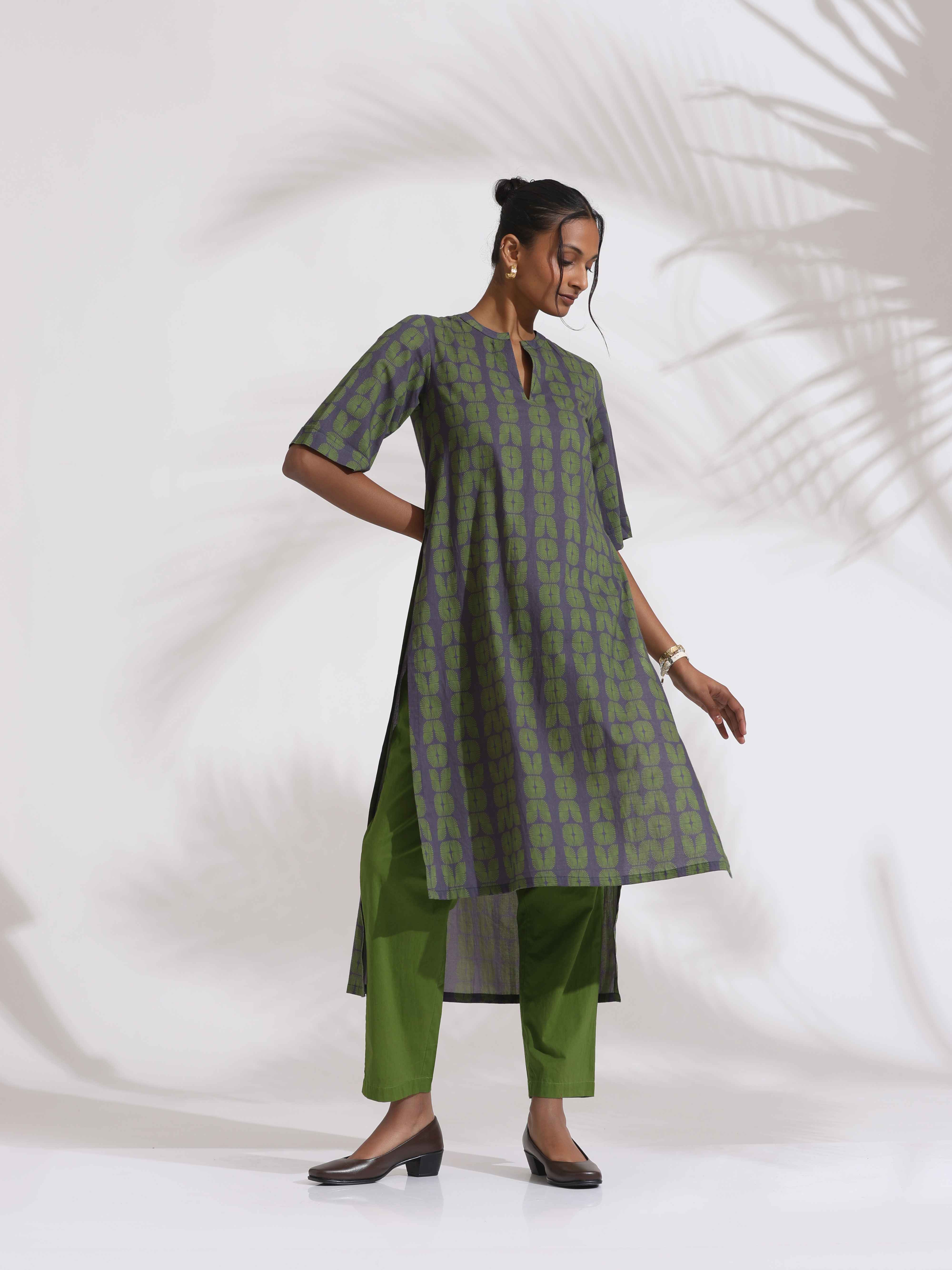 trueBrowns Grey Cotton Print Highlow Kurta Set