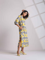 trueBrowns Yellow Cotton Ikat Slit Dress