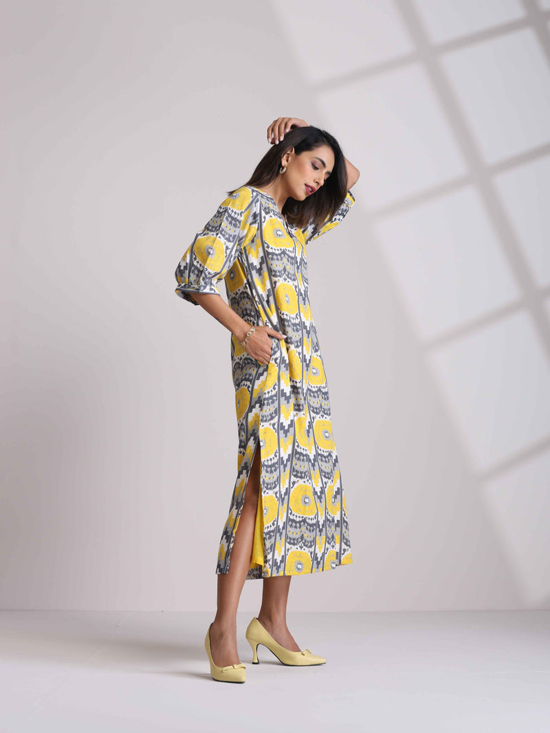 trueBrowns Yellow Cotton Ikat Slit Dress