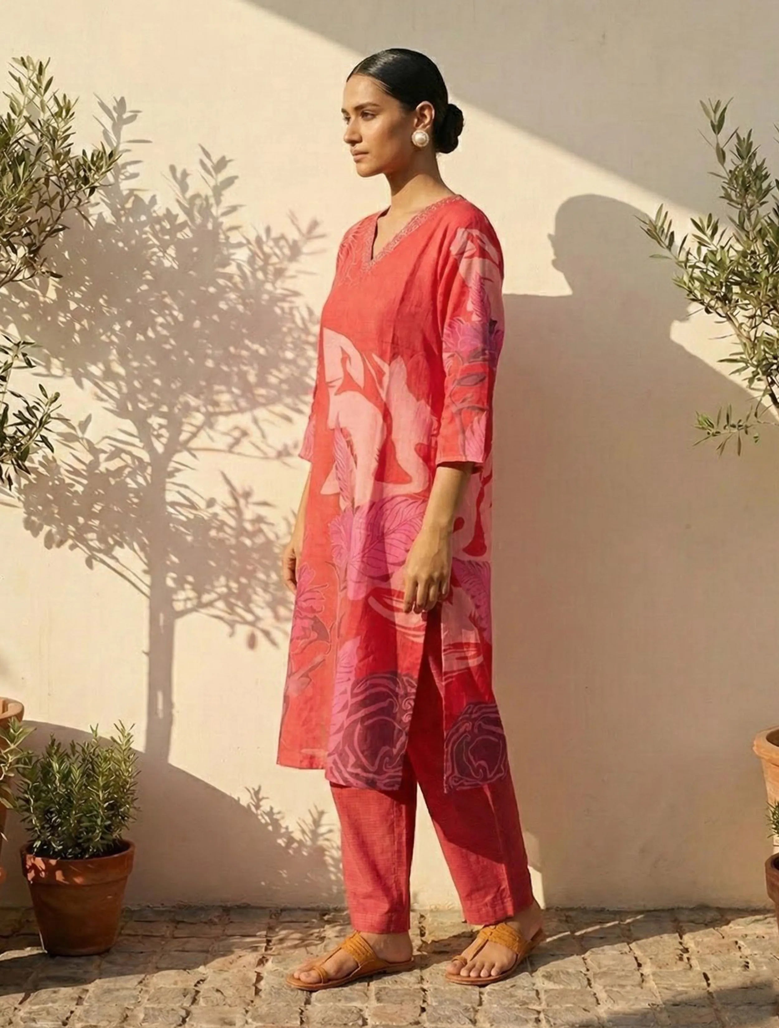 trueBrowns Red Floral Print Straight Kurta Pant Dupatta Set