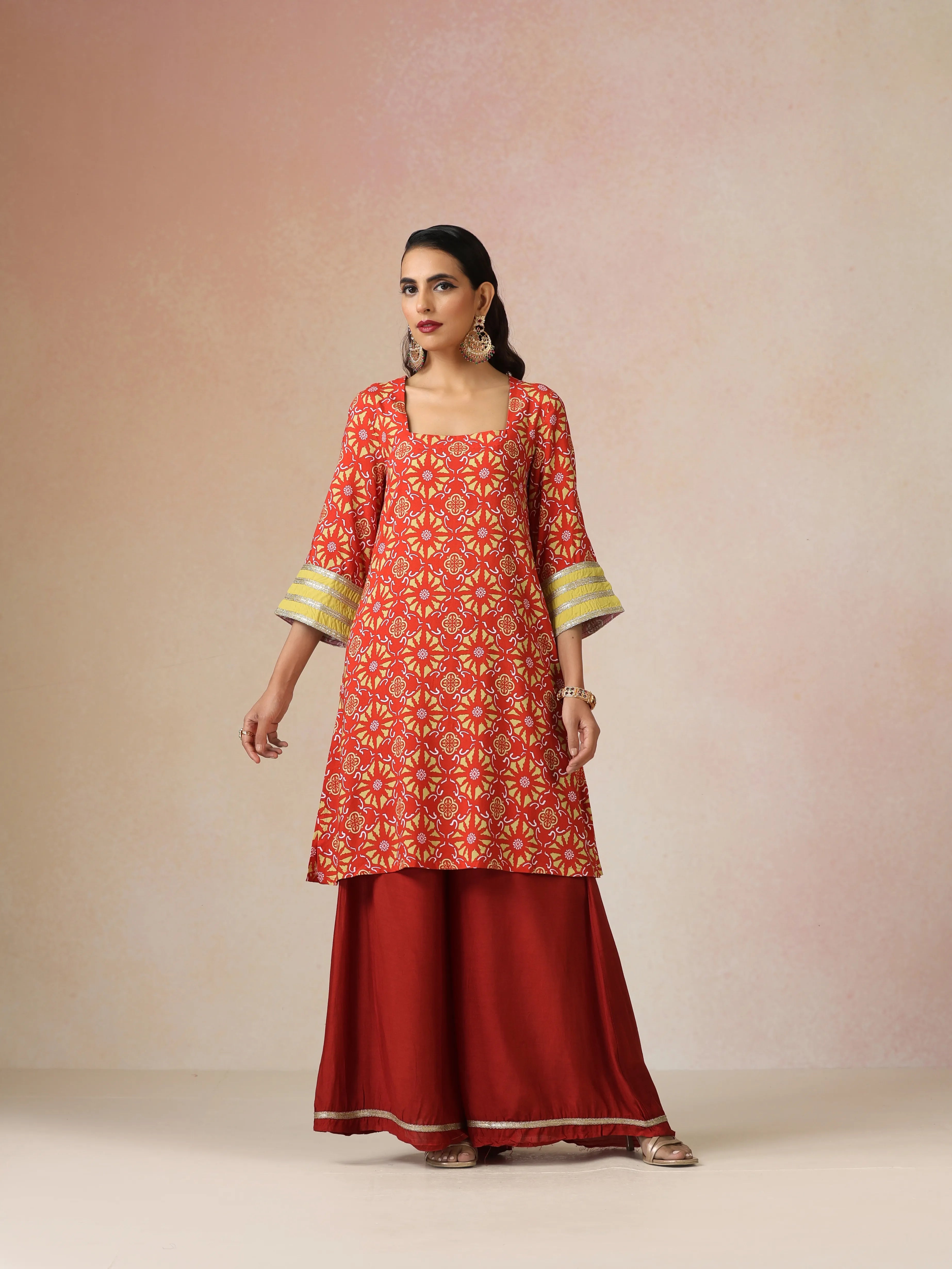 trueBrowns Red Light Green Print Viscose Kurta Sharara Set