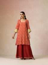 trueBrowns Red Light Green Print Viscose Kurta Sharara Set