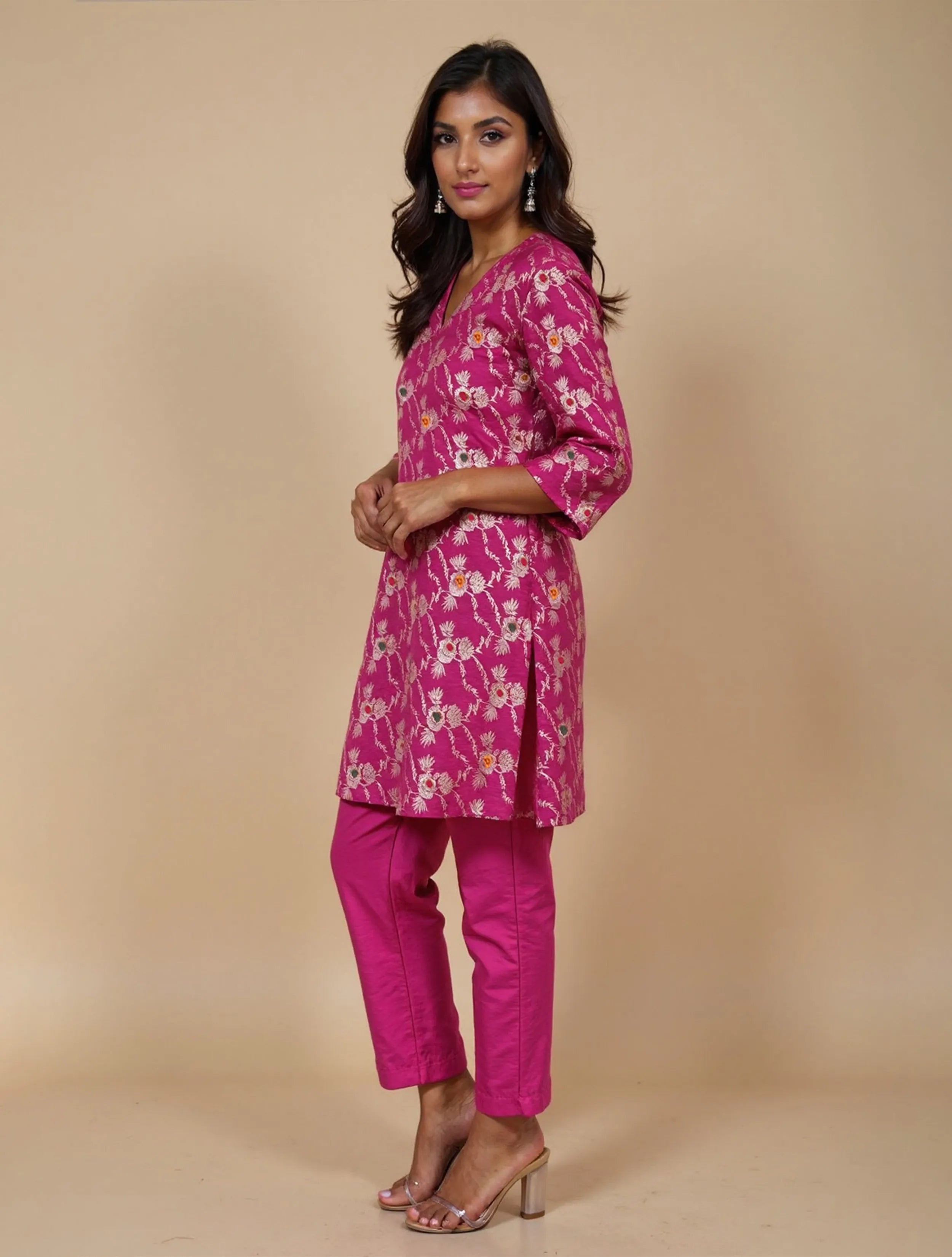 trueBrowns Pink Brocade A-Line Kurta Co-Ord Pants Set