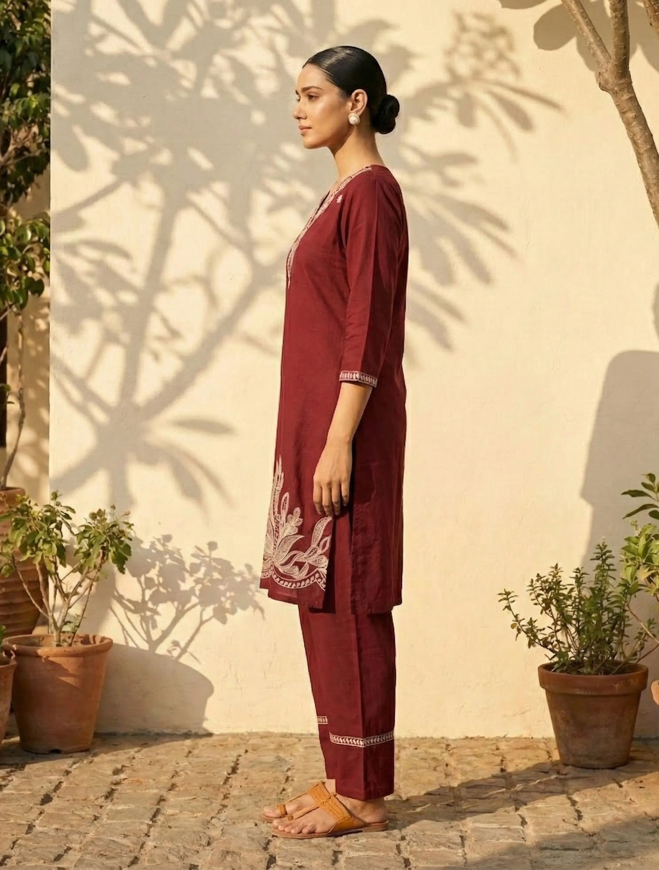 trueBrowns Maroon Embroidered Kurta Farsi Pant Dupatta Set