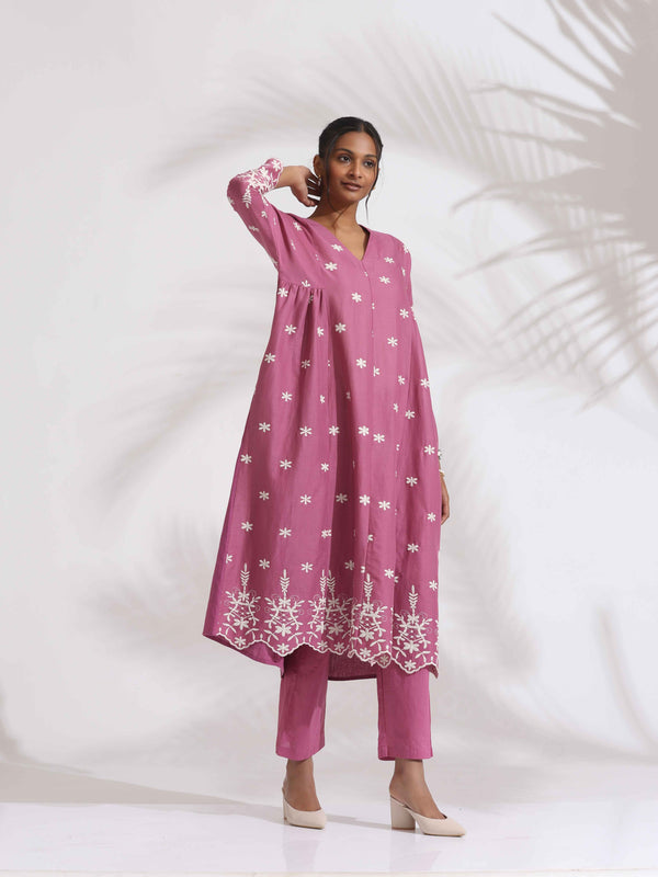 trueBrowns Pink Cotton Floral Embroidered Flared Kurta Set