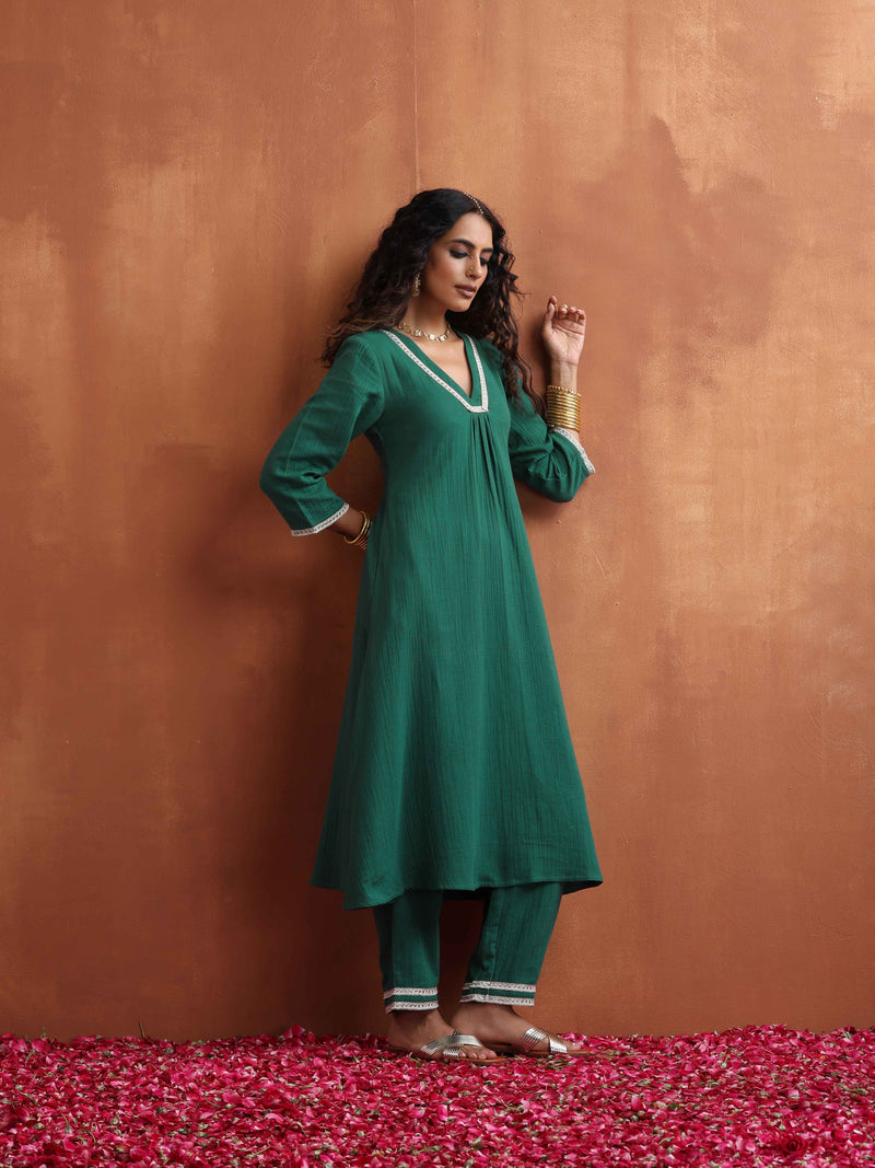 trueBrowns Green Cotton A-line Kurta Set