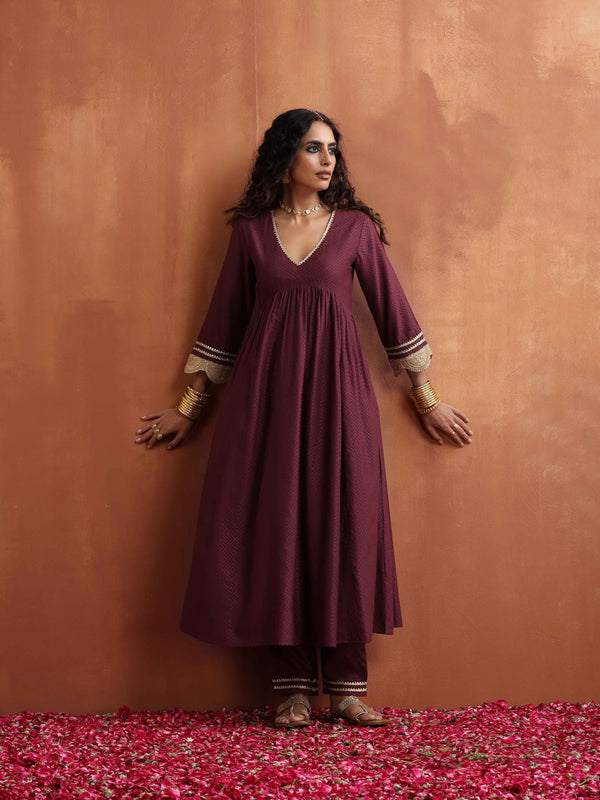 trueBrowns Maroon Flared Anarkali Kurta Set