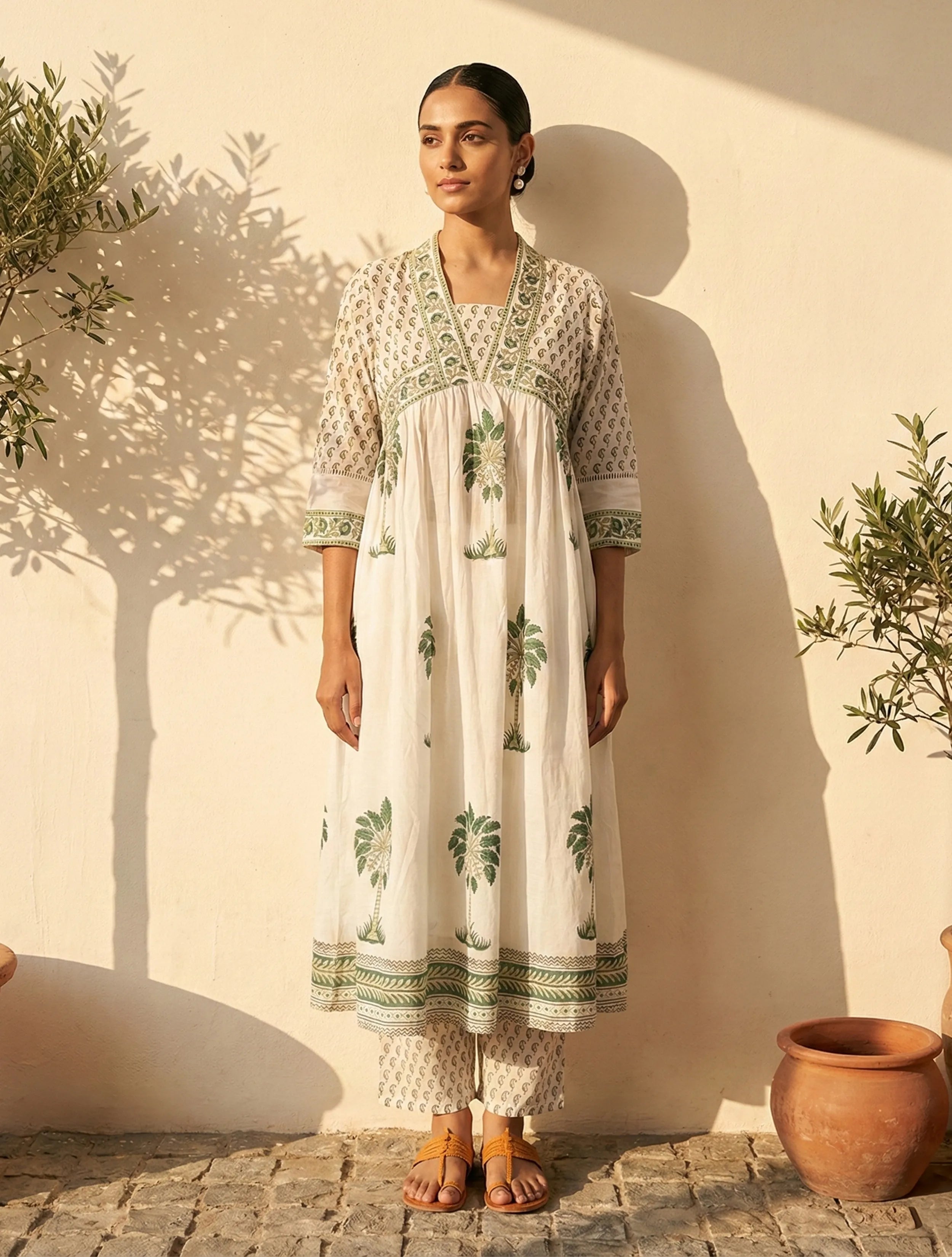 trueBrowns White Green Printed Anarkali Kurta Pant Dupatta Set