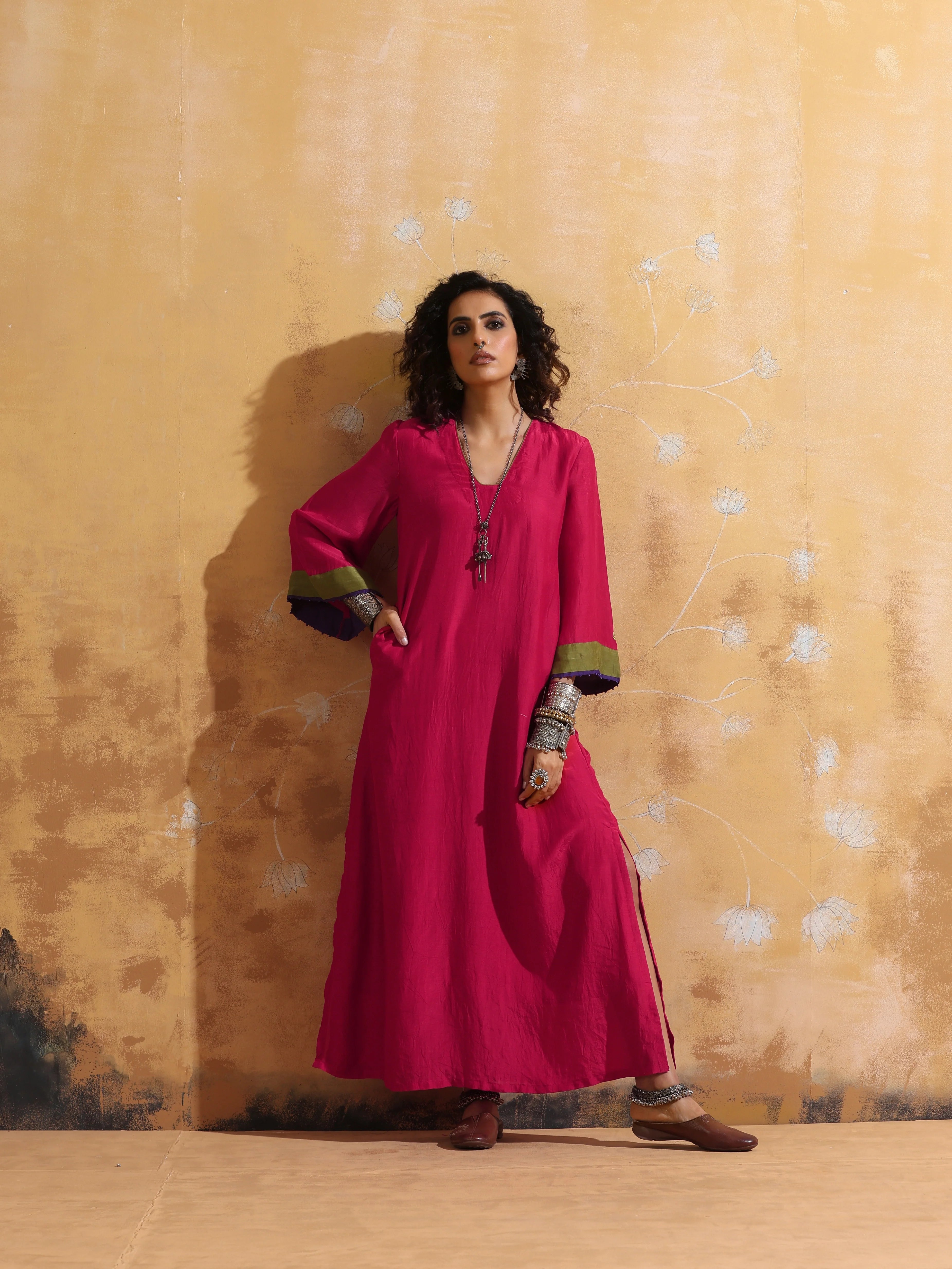 trueBrowns Pink Muslin Silk Straight Maxi Dress