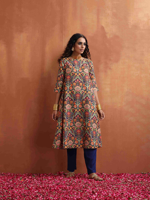 trueBrowns Blue Print A-line Kurta Set