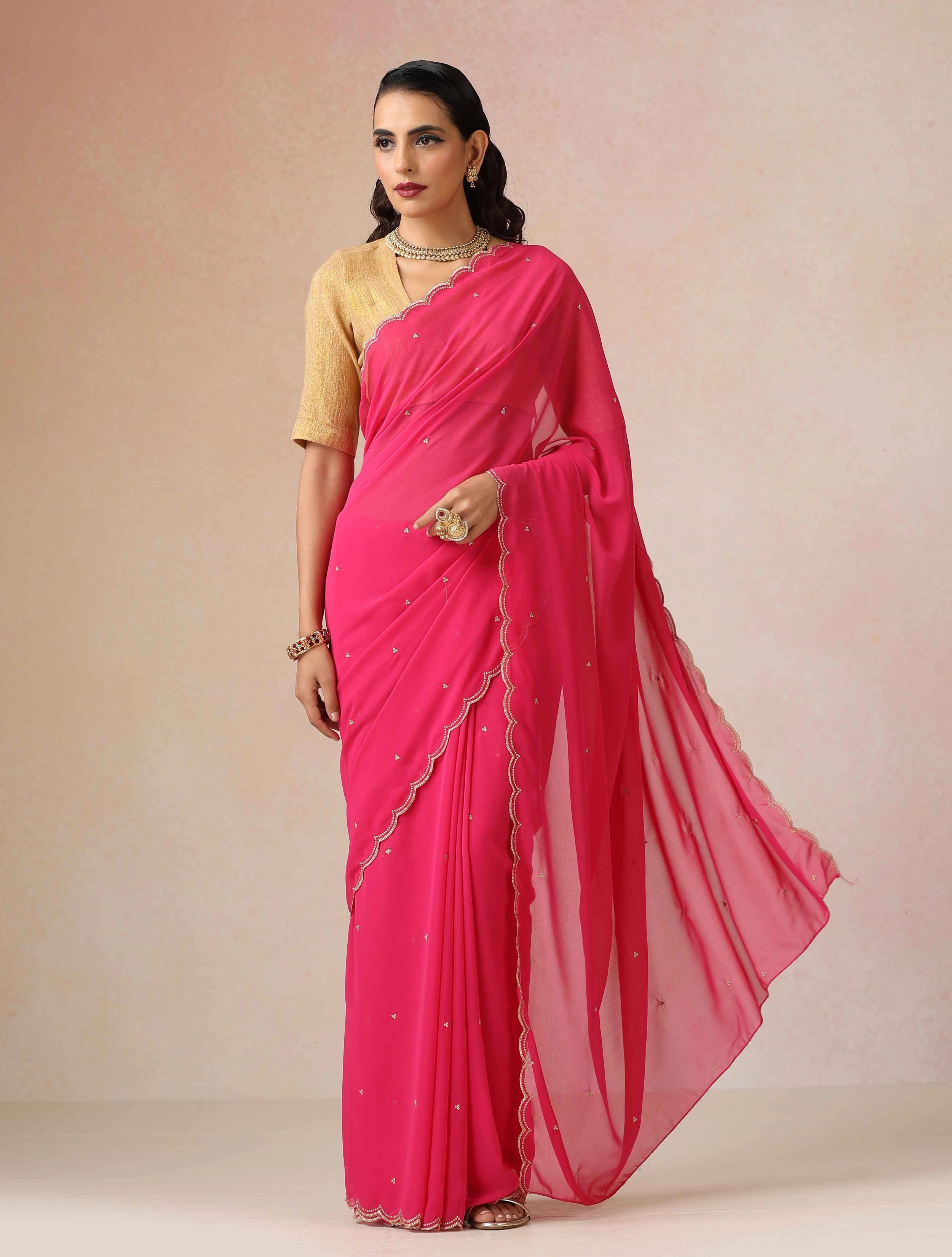 trueBrowns Pink Georgette Embroidered Saree With unstitched Blouse