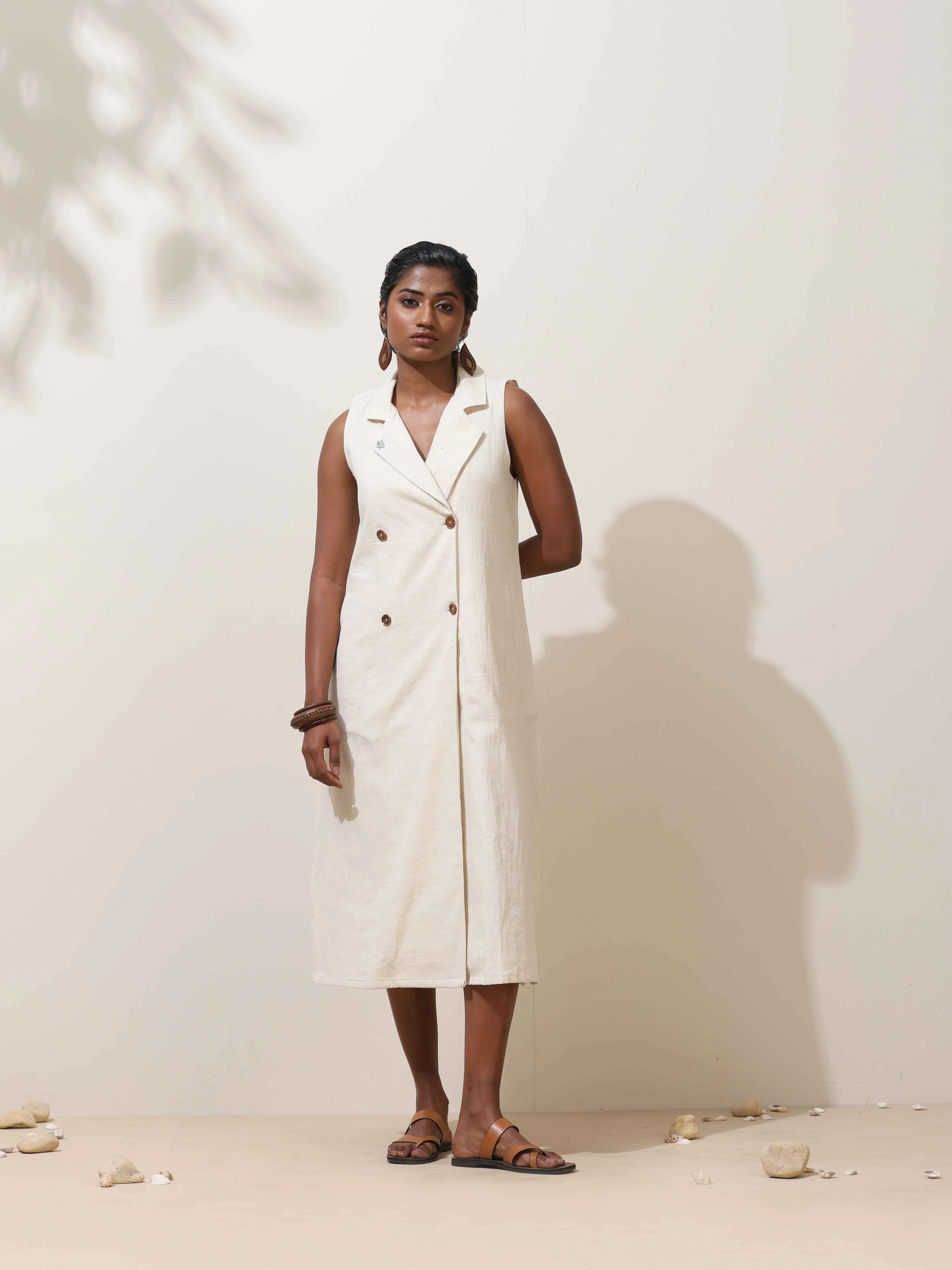 trueBrowns Off-White Cotton Linen Dress