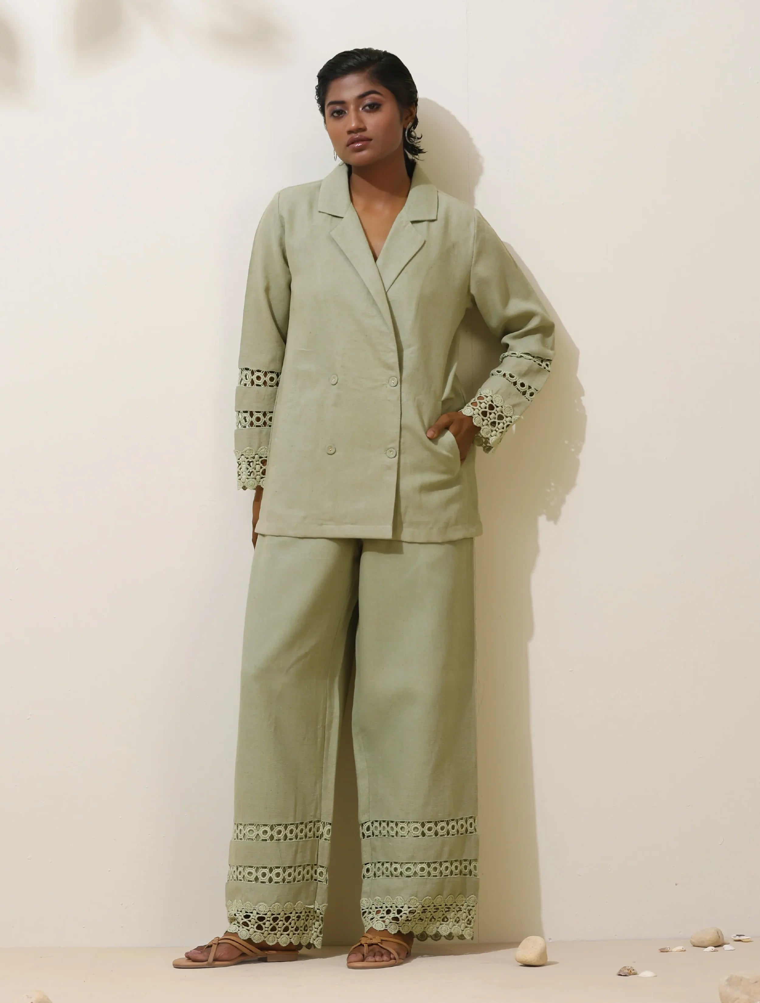 trueBrowns Matcha Green Crochet Natural Cotton Blazer Co-ord Set