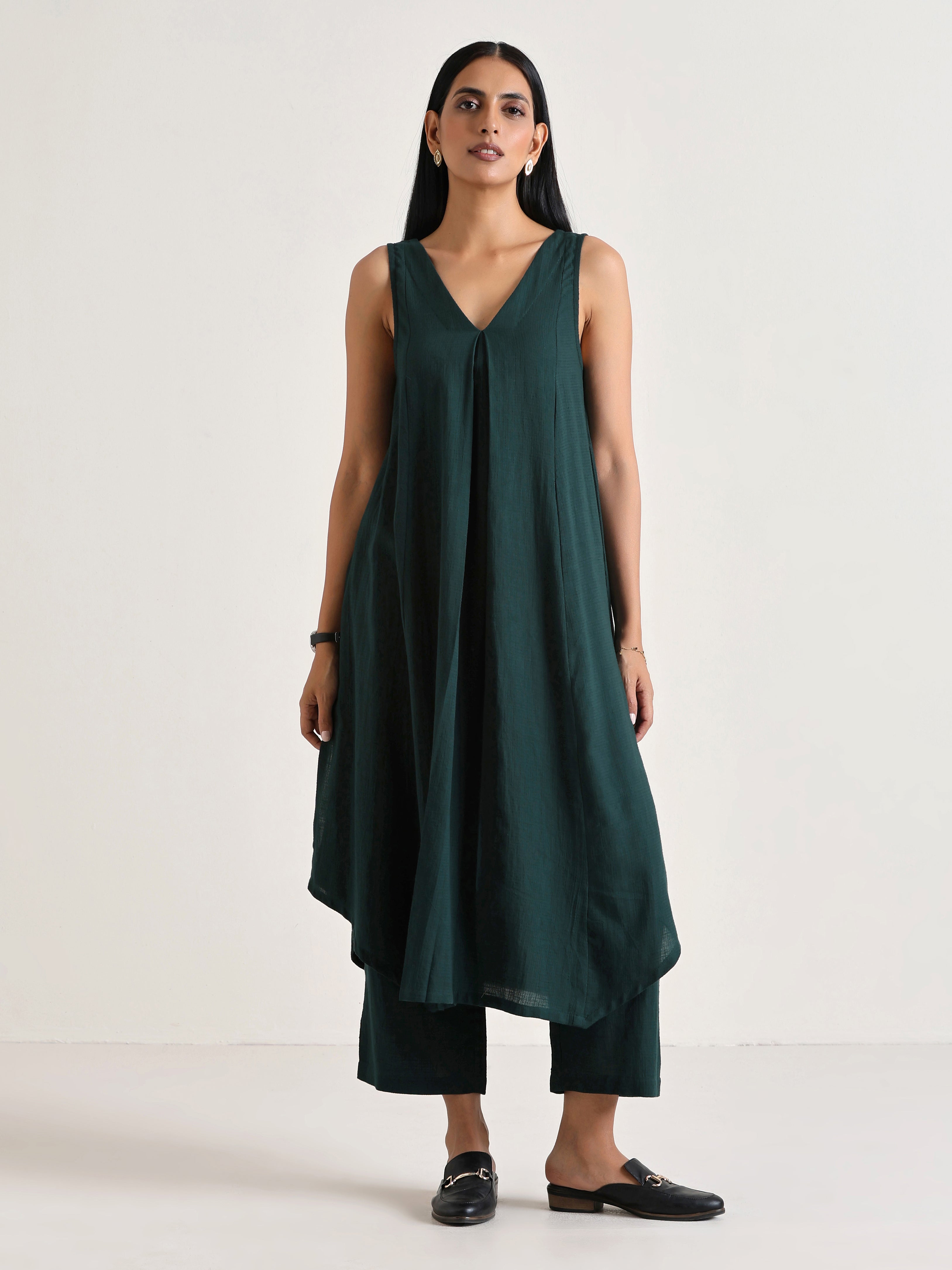 Dark Green Sleeveless Flared  Kurta Pant Set