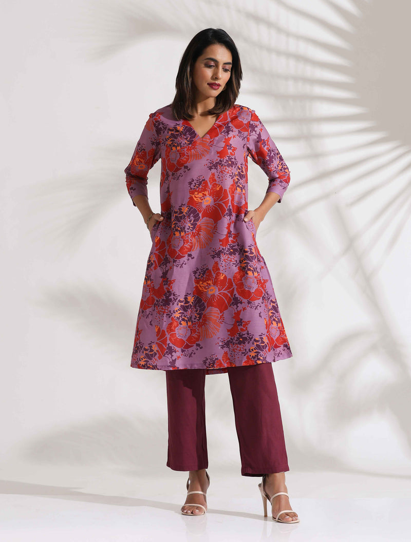 trueBrowns Purple Print Kurta Co-ord Set