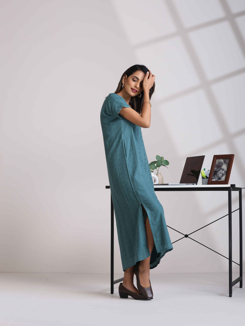 trueBrowns Turquoise Cotton Dobby Dress