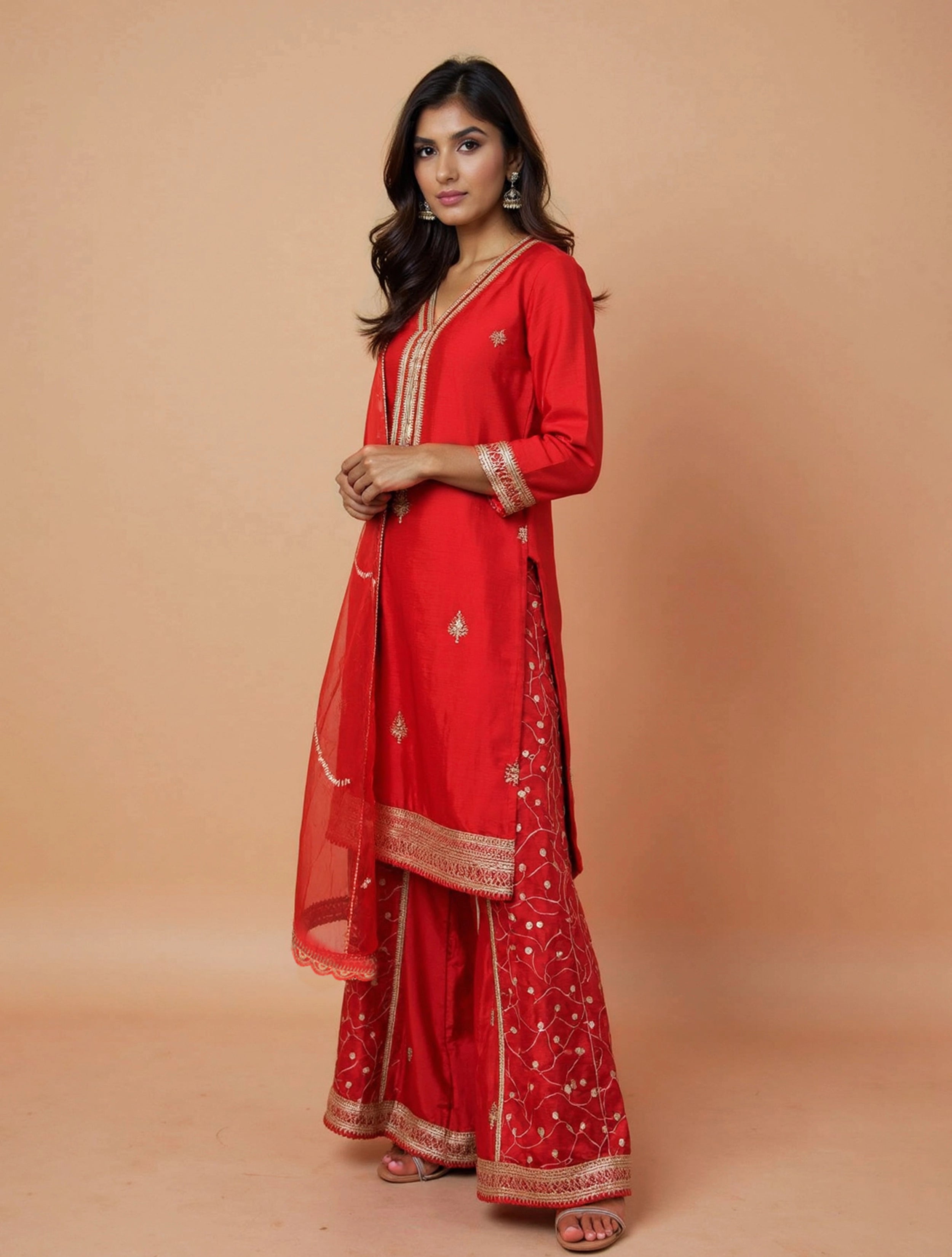 trueBrowns Red All Over Embroidered Straight Kurta With Palazzo Dupatta Set