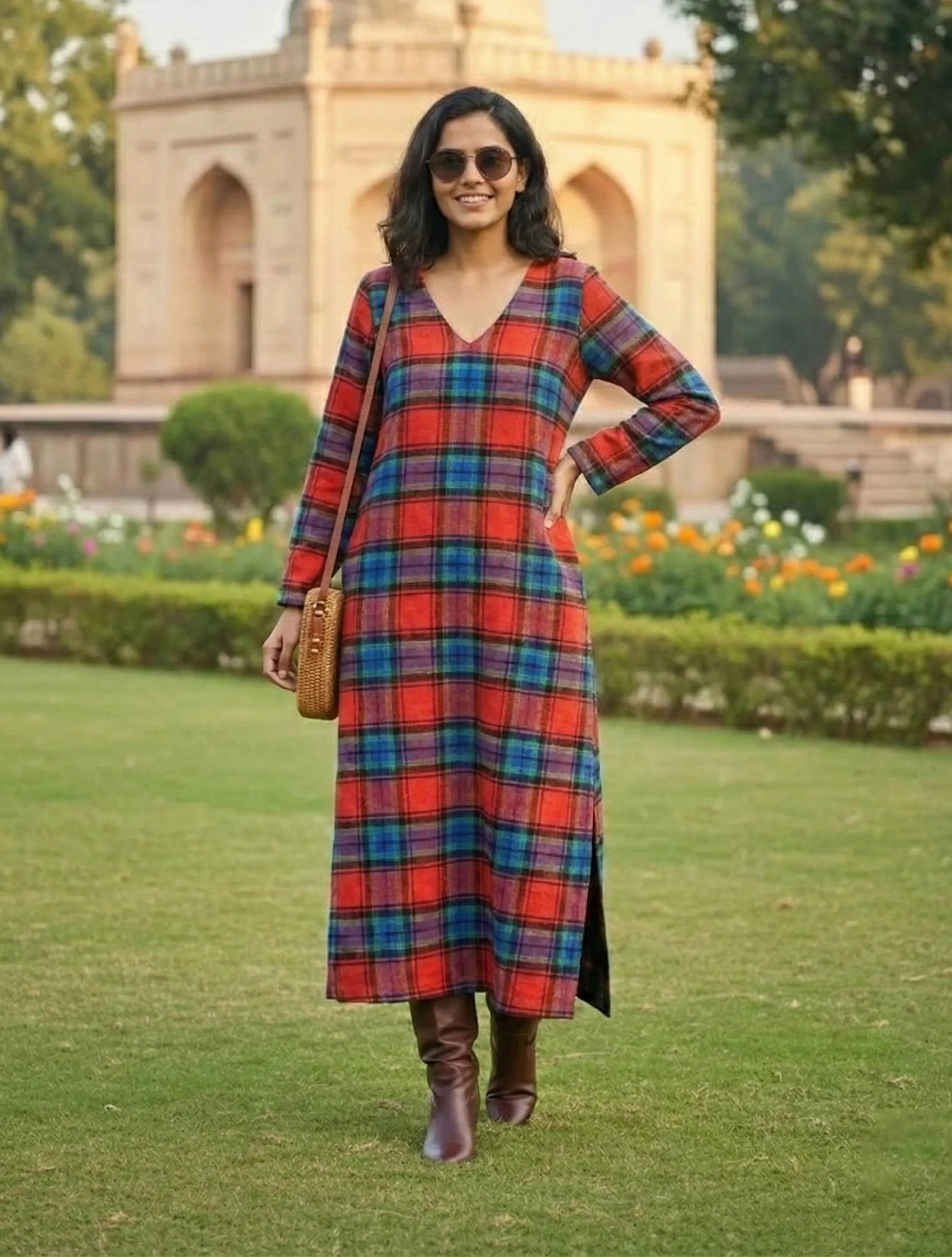 trueBrowns Red Blue Check Straight Maxi Woollen Dress
