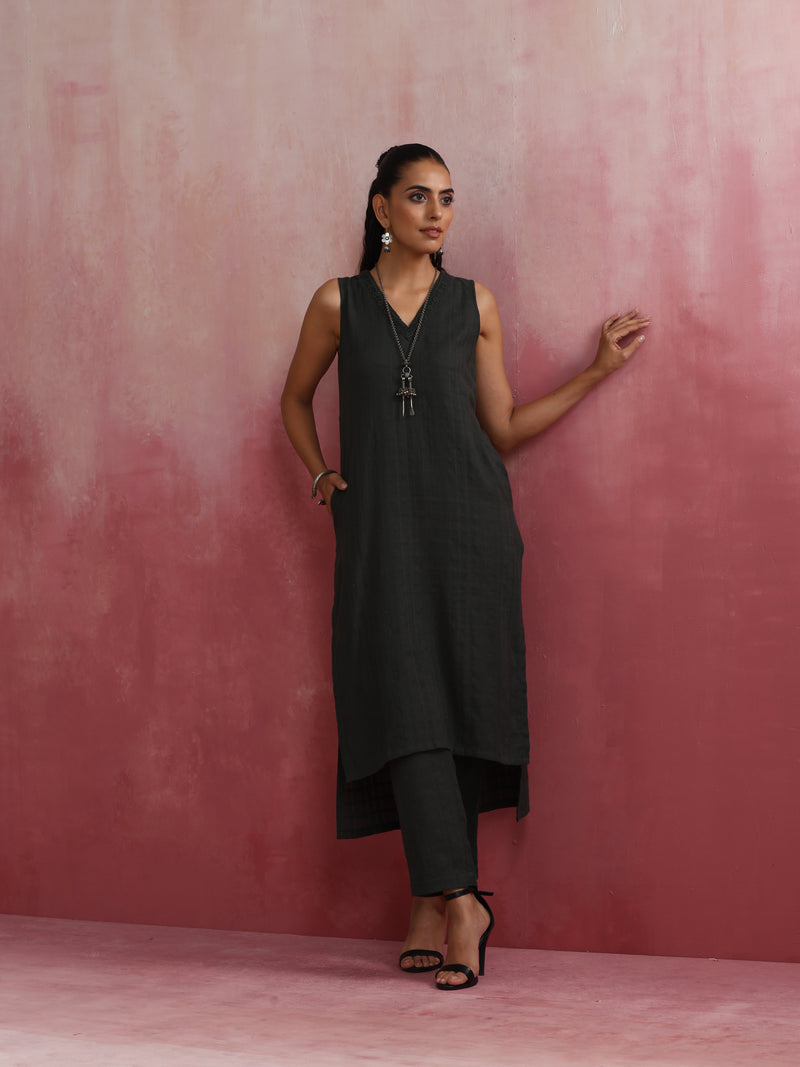 trueBrowns Dark Olive Green Cotton Dobby Kurta Set