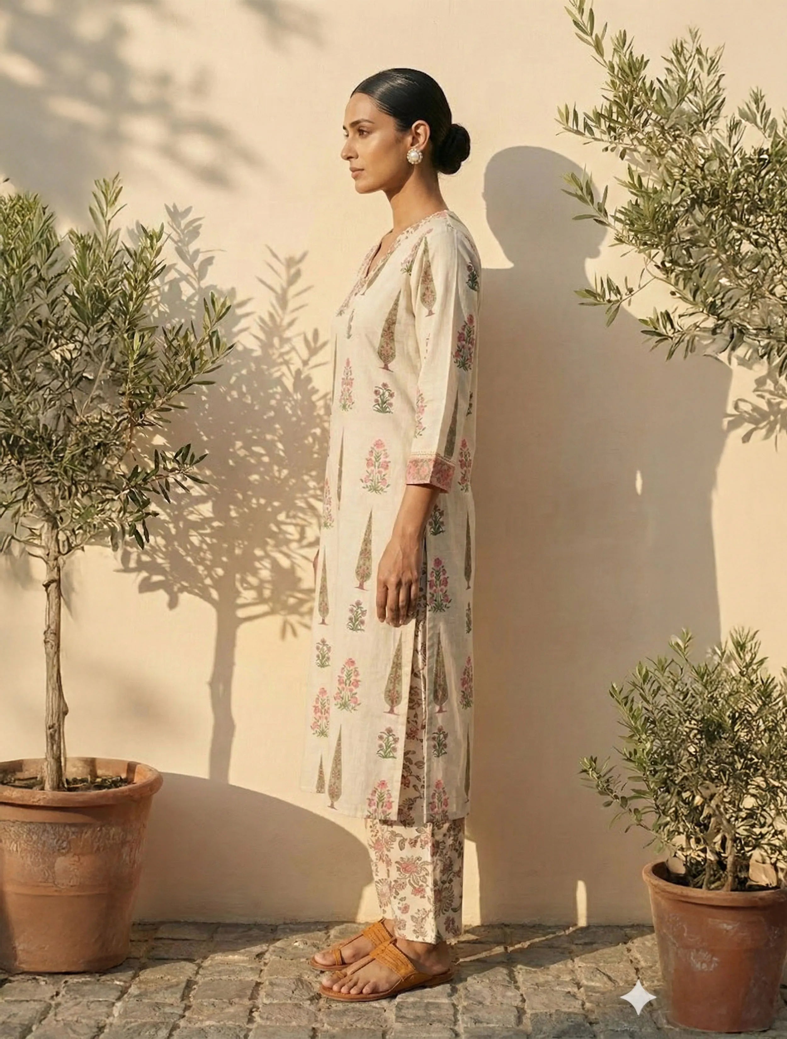 trueBrowns Ivory Boota Print V-Neck Kurta Pant Set