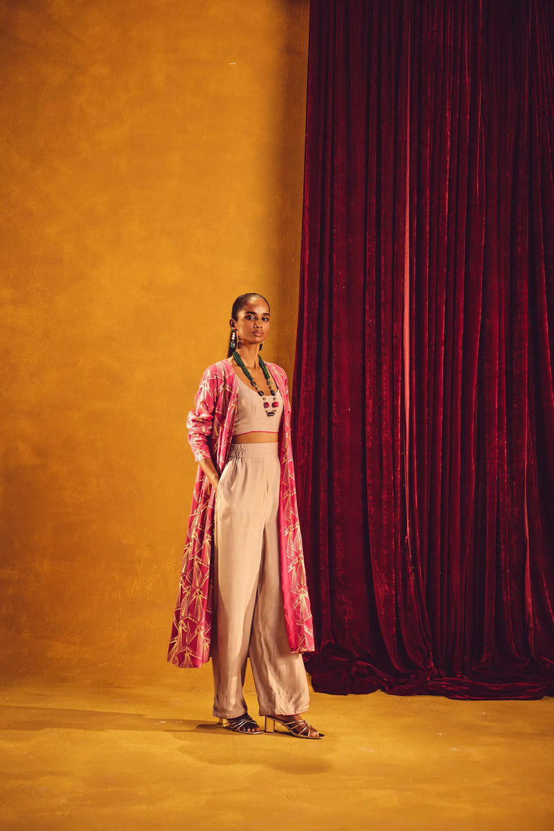 trueBrowns Grey and Pink Gold Foil Print Muslin Silk Jacket Set