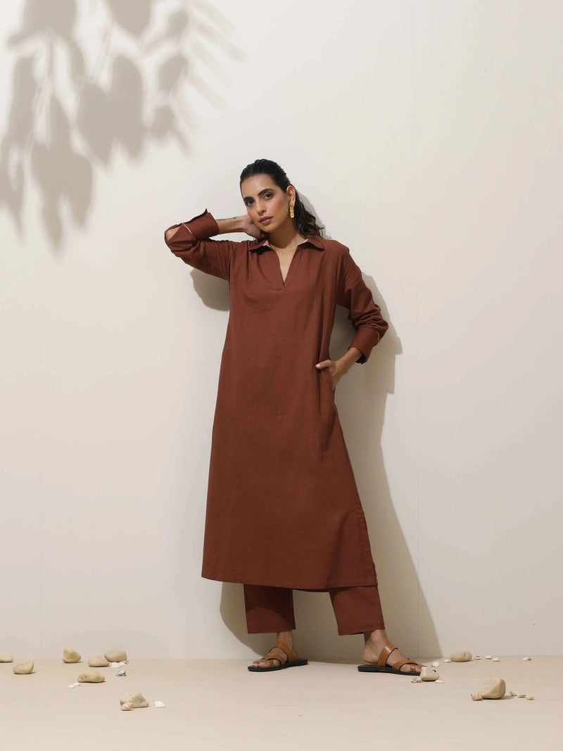 trueBrowns Brown Cotton Linen Kurta  Pant Set