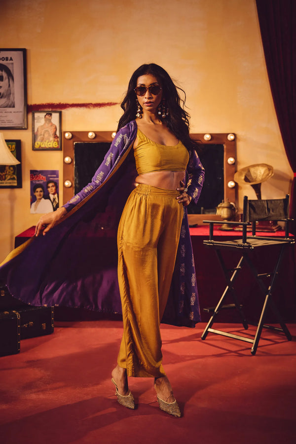 trueBrowns Mustard and Purple Gold Foil Print Muslin Silk Jacket Set