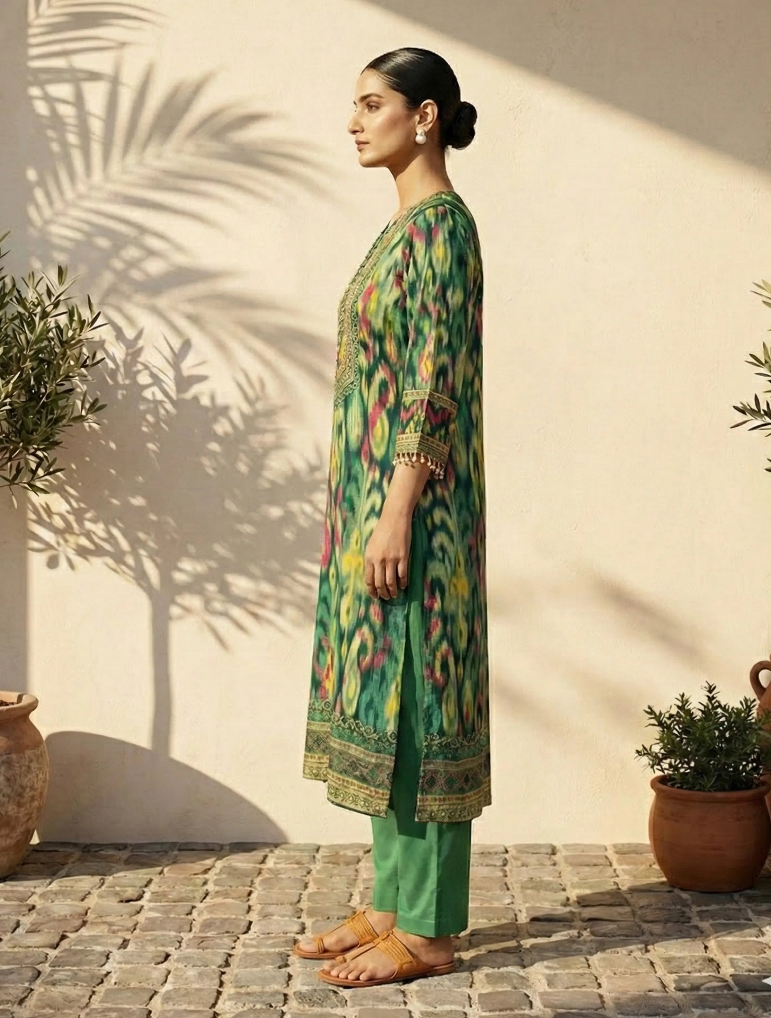 trueBrowns Green Ikat Print Embroidered V-Neck Kurta Pant Dupatta Set