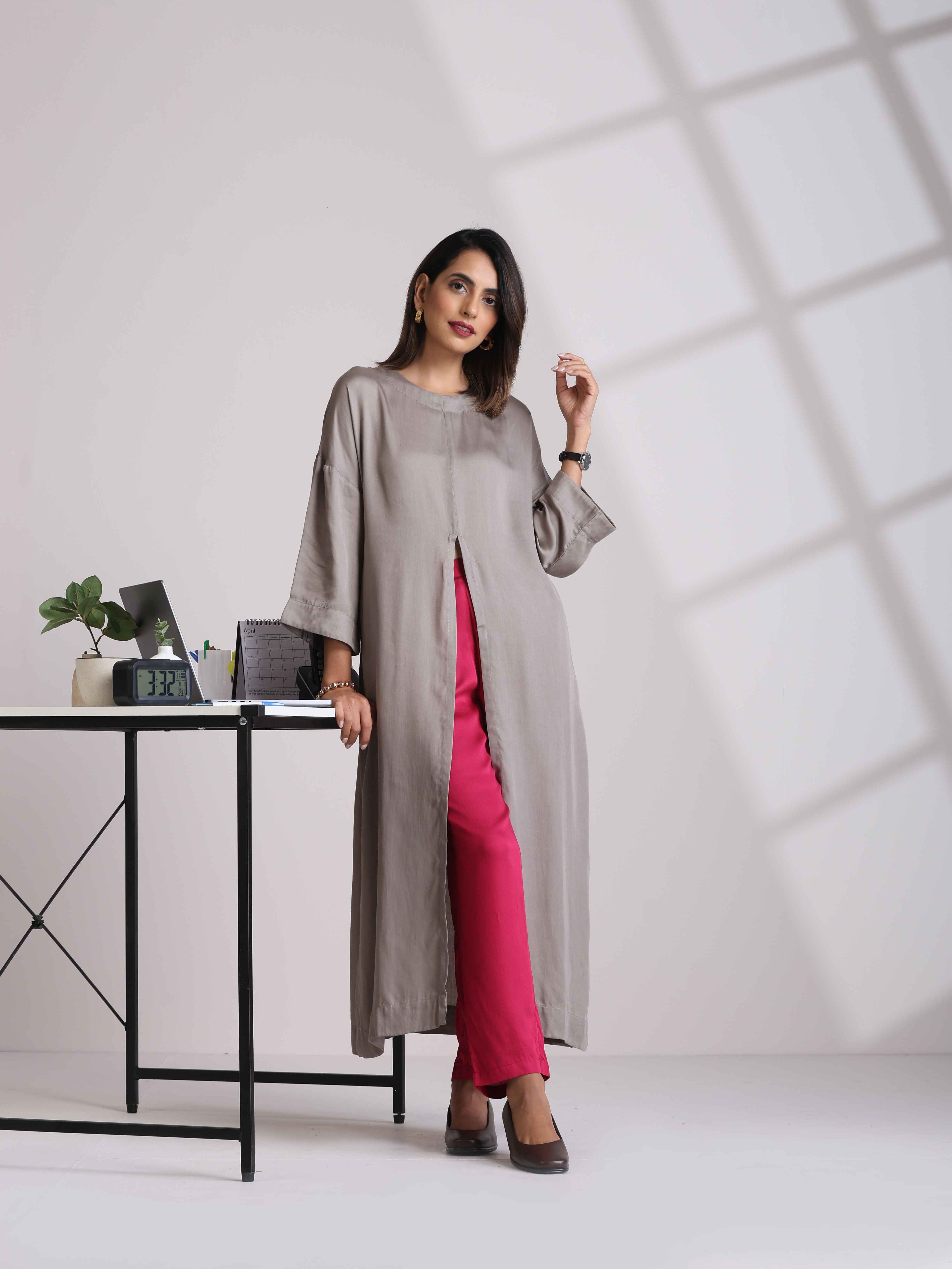 trueBrowns Grey High Slit Modal Kurta Set