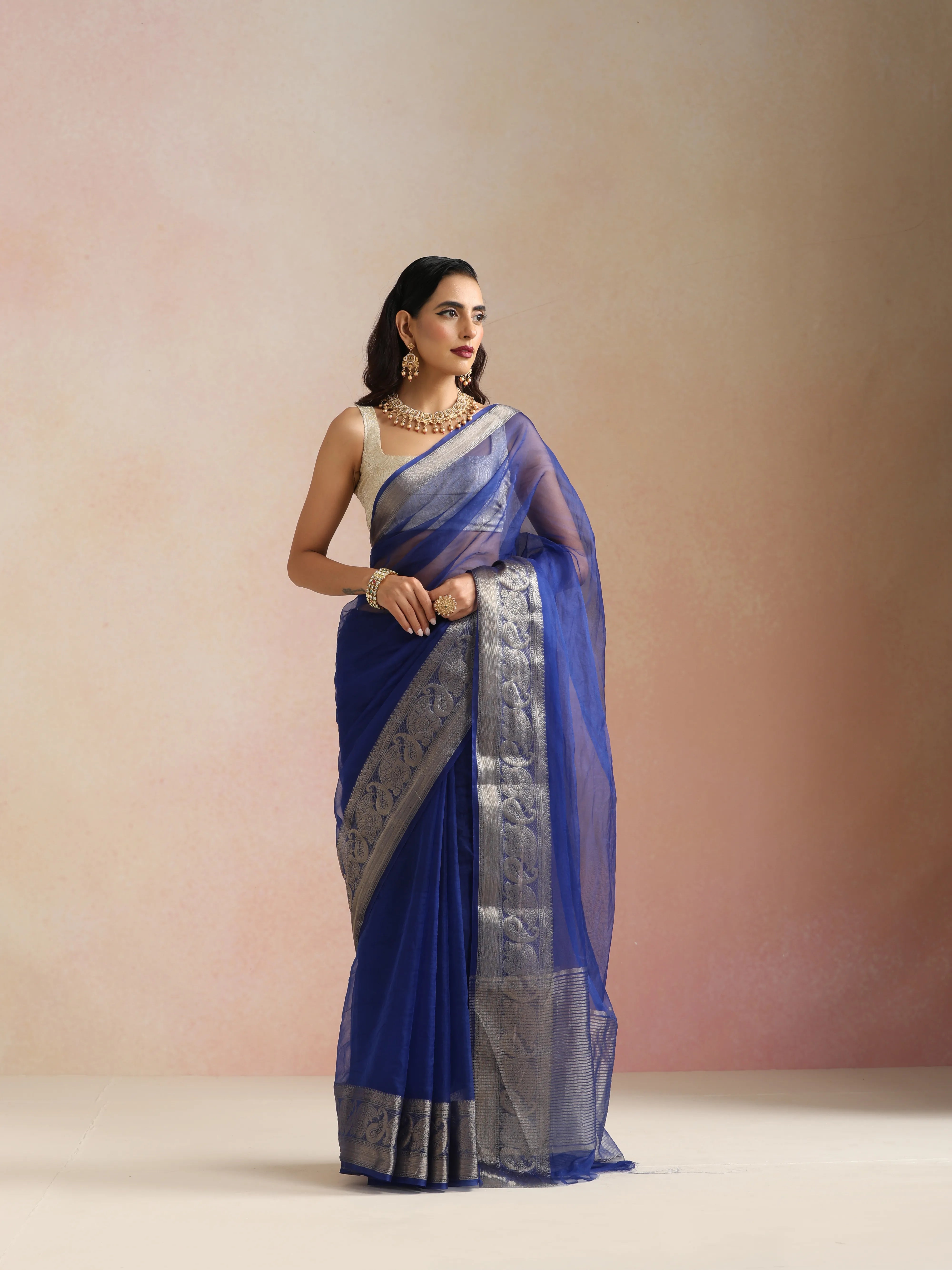 trueBrowns Electric Blue Organza Saree With Unstitched Blouse