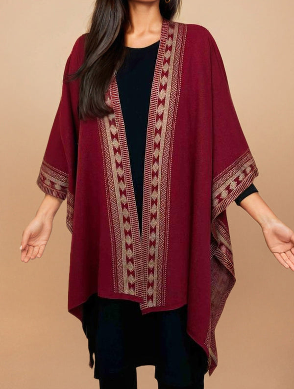 trueBrowns Maroon Woollen Geometric Kaftan Cape