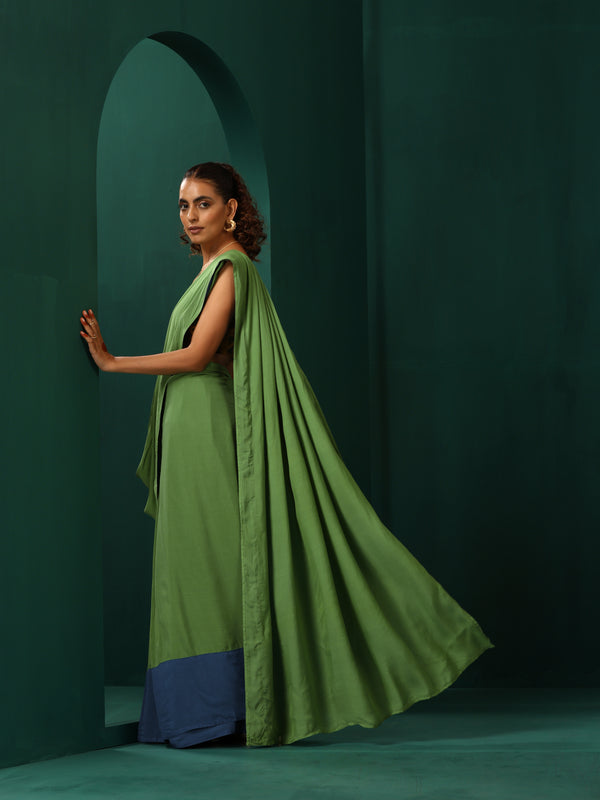 trueBrowns Green Muslin Silk Pre-Stitched Saree