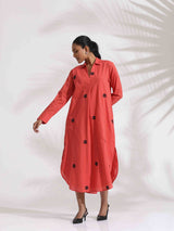 trueBrowns Orange Cotton Embroidered Flared Dress