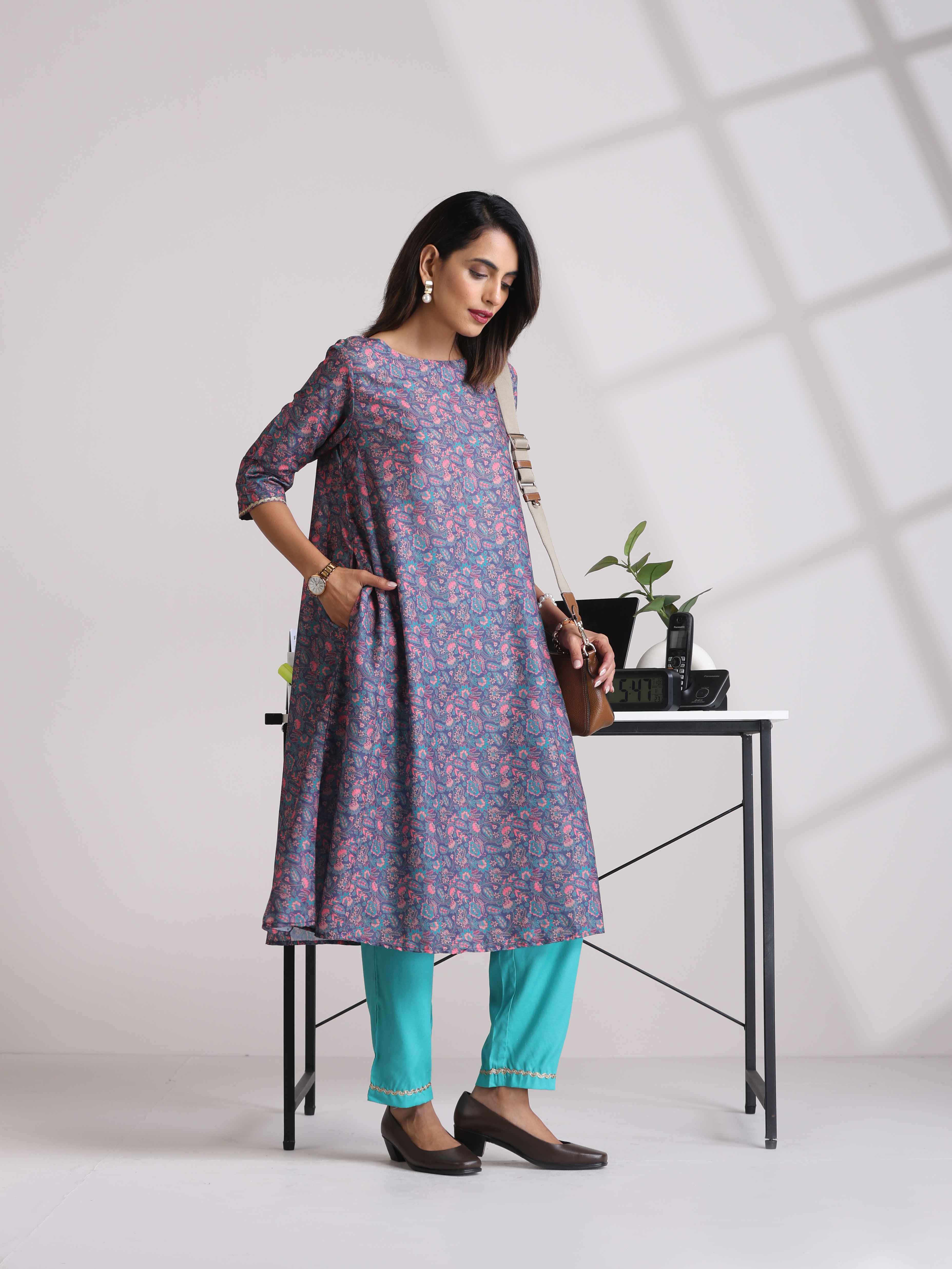trueBrowns Purple Floral Print A-line Kurta Set