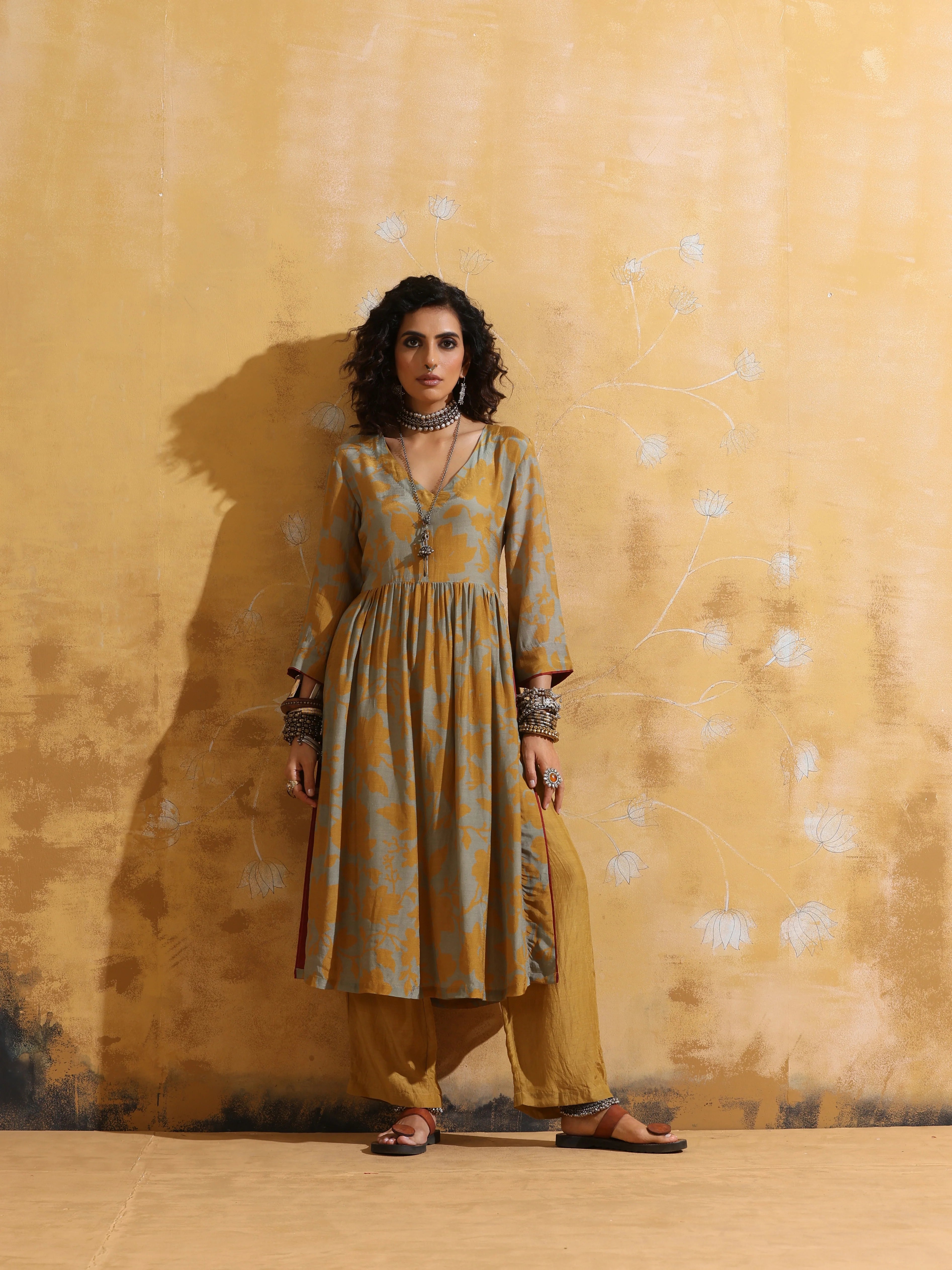 trueBrowns Mustard Jaal Print Muslin Silk High-Slit Fit and Flared Kurta Set