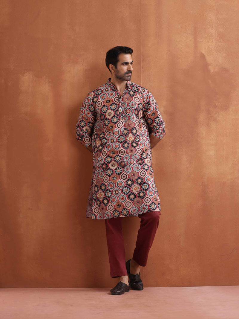 trueBrowns Men's Rust Geometric Printed Kurta