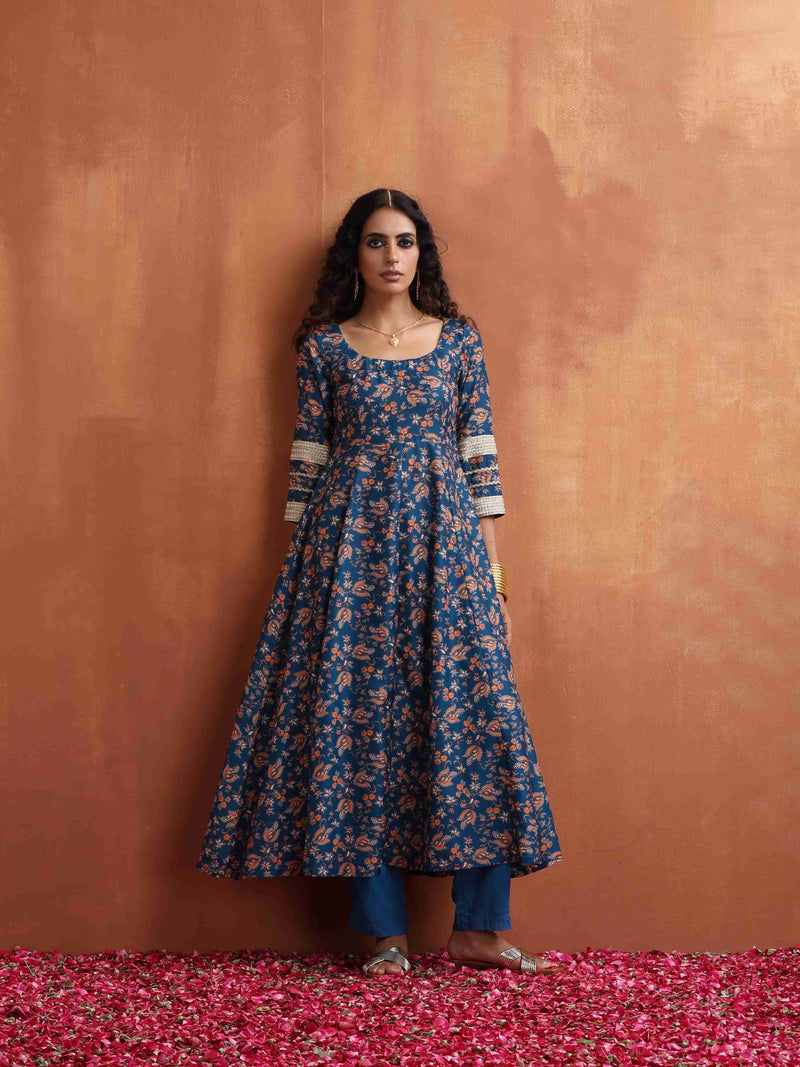 trueBrowns Blue Print Flared Anarakali Kurta Set