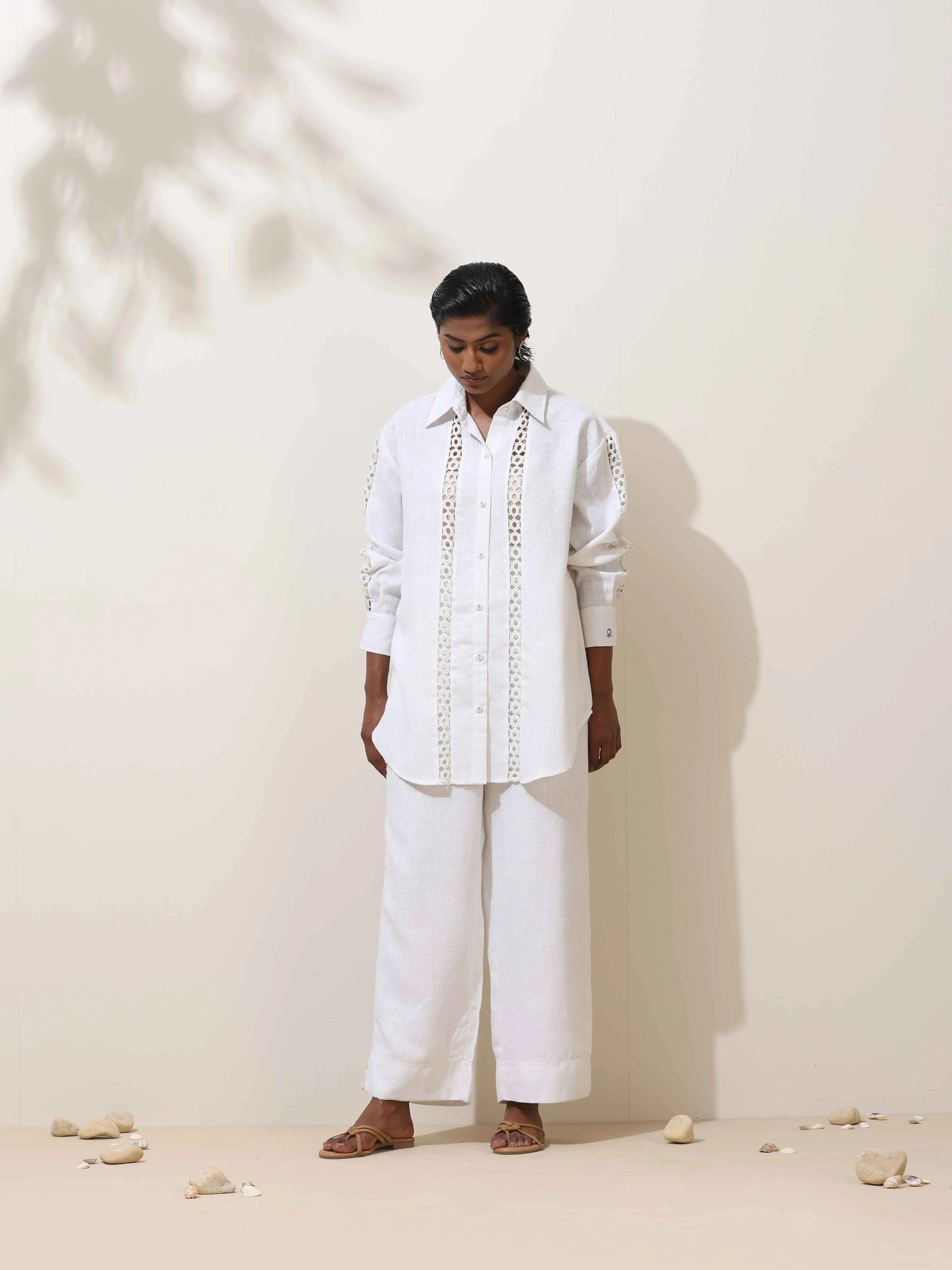 trueBrowns Attar White Crochet Natural Cotton Shirt Co-ord Set