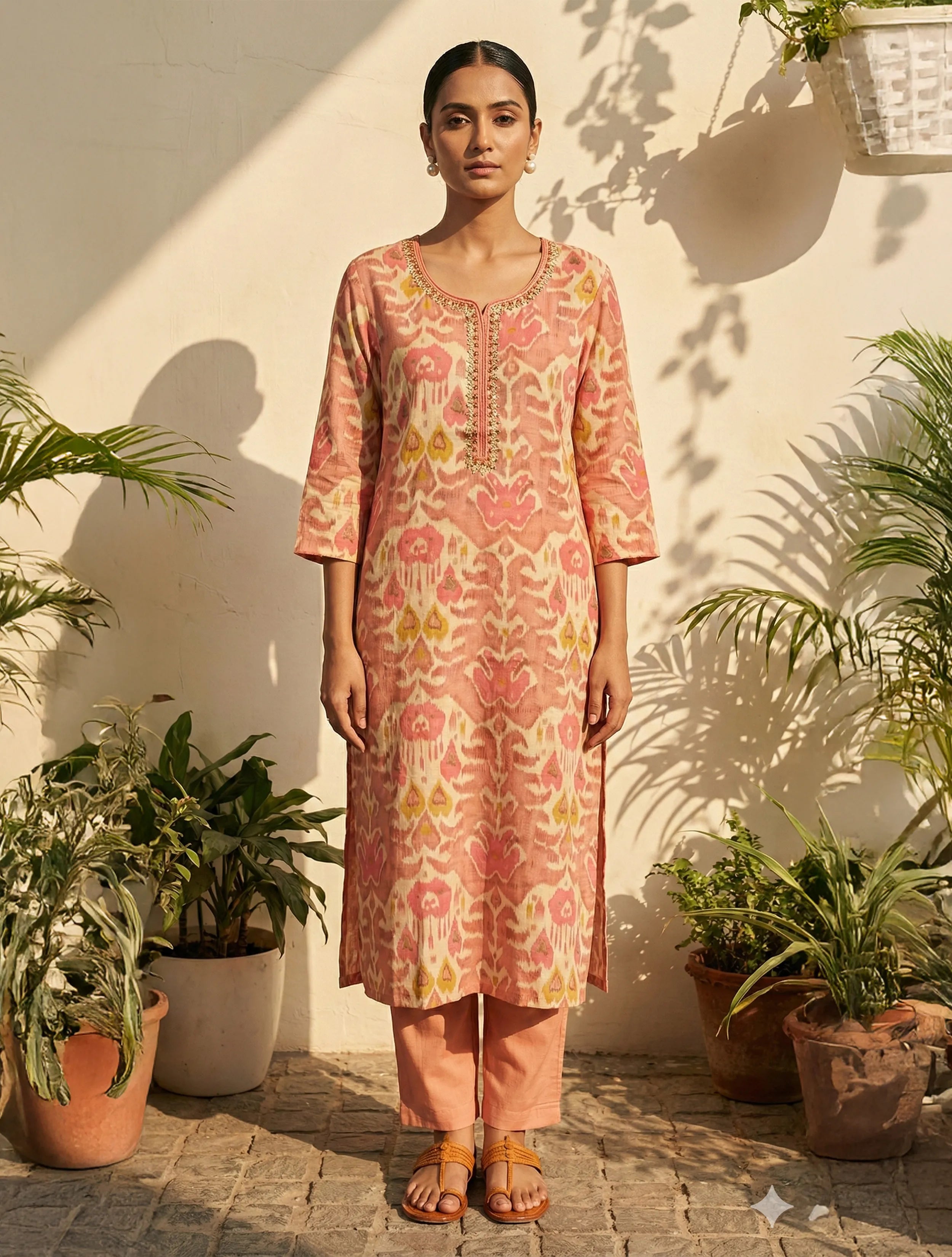 trueBrowns Peach Ikat Print Embroidered Kurta Pant Dupatta Set