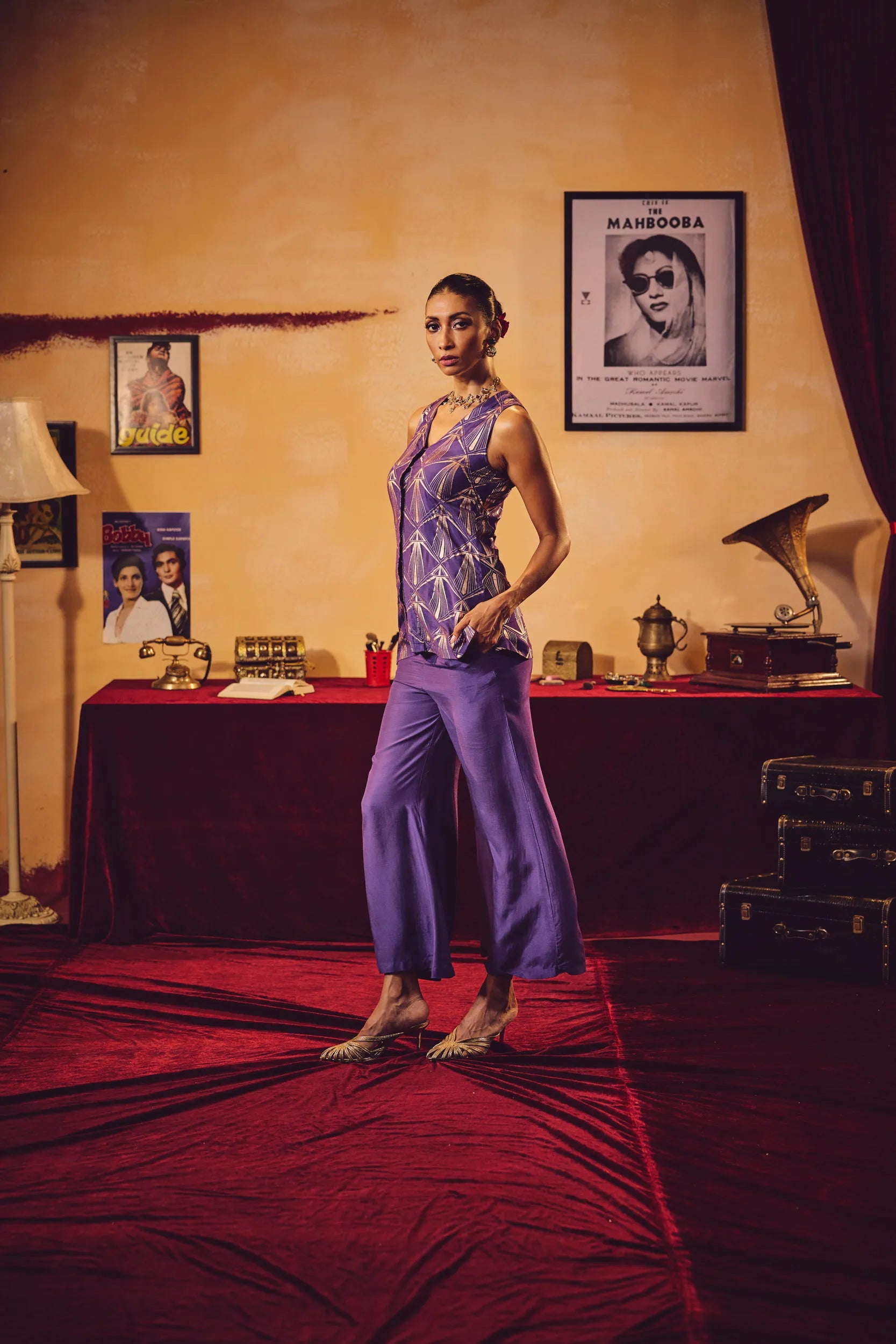 trueBrowns Purple Rose-Gold Foil Print Jacket and Flared Pants Co-ord Set