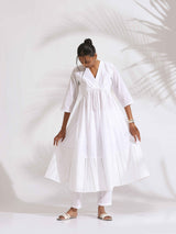 trueBrowns White Cotton Schiffli Flared Anarkali Kurta Set