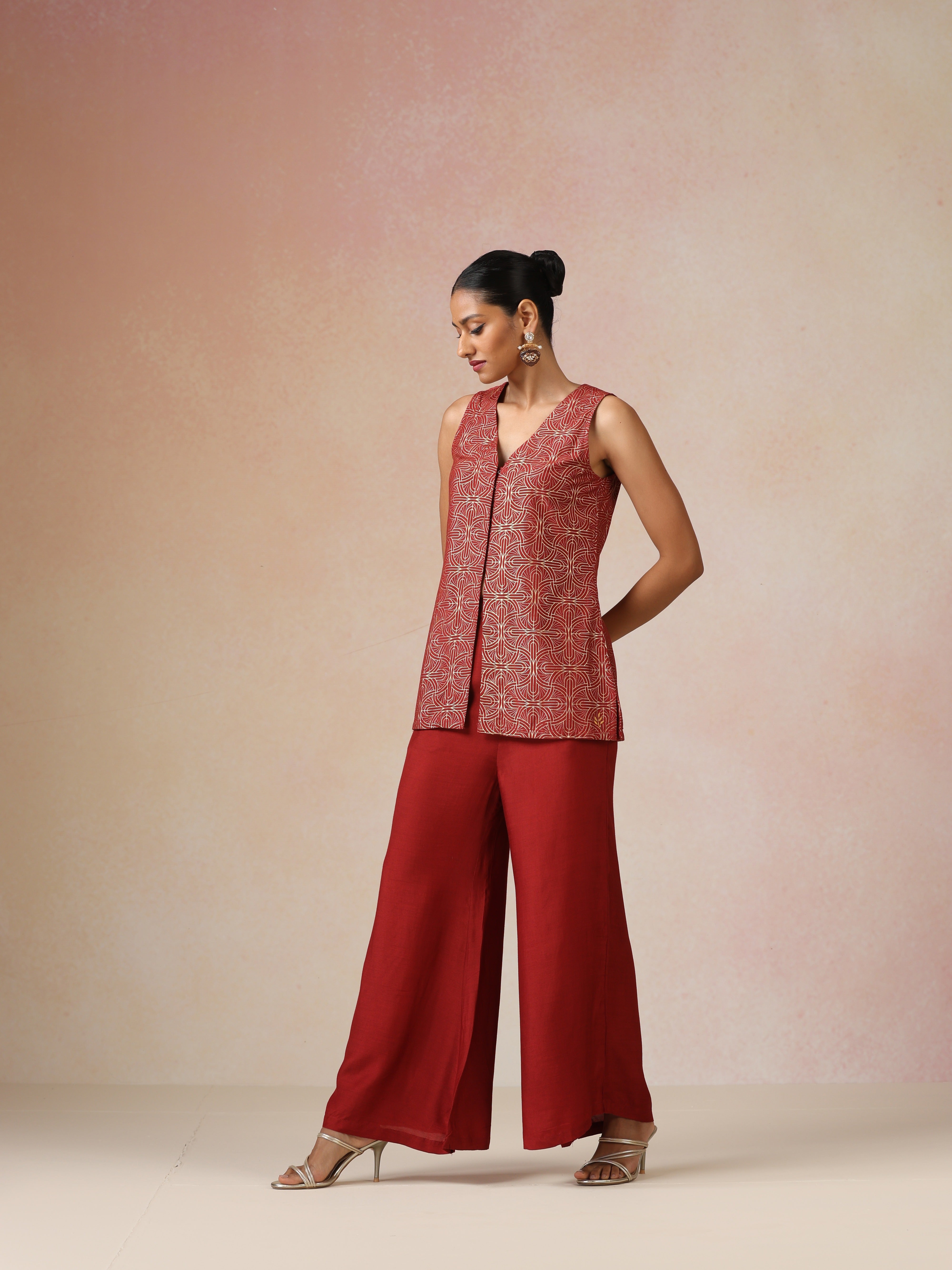 trueBrowns Red Gold Foil Print Jacket and Flared Pants Co-ord Set