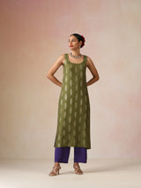 trueBrowns Olive Green Gold Foil Print Muslin Silk Sleeveless Straight Kurta Set