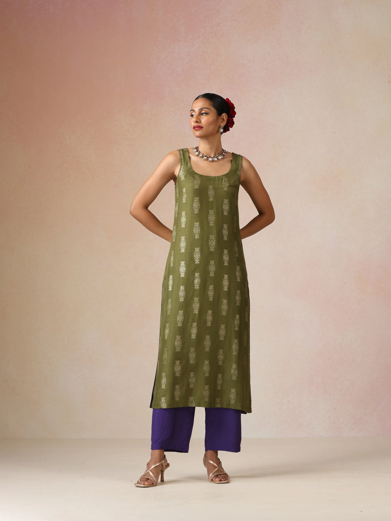 trueBrowns Olive Green Gold Foil Print Muslin Silk Sleeveless Straight Kurta Set