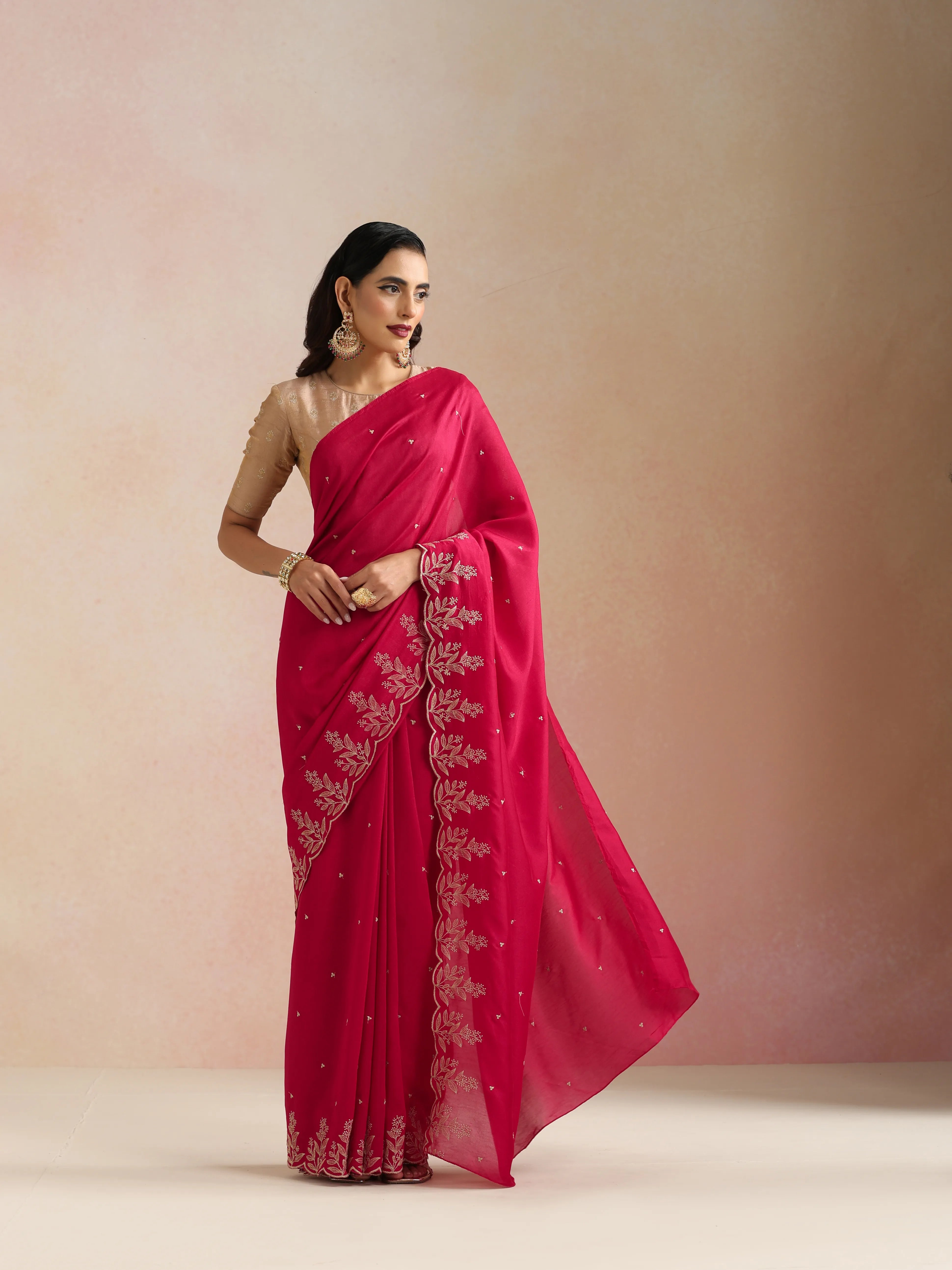 trueBrowns Pink All Over Zari Embroidered Saree With Unstitched Blouse